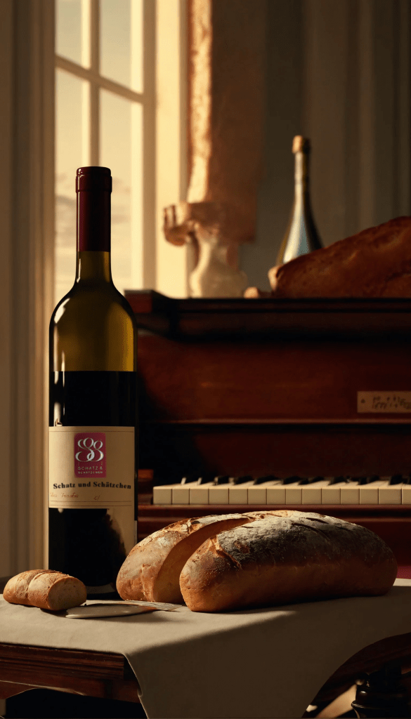 Brot-neben-einer-Weinflasche-vor-einem-Klavier